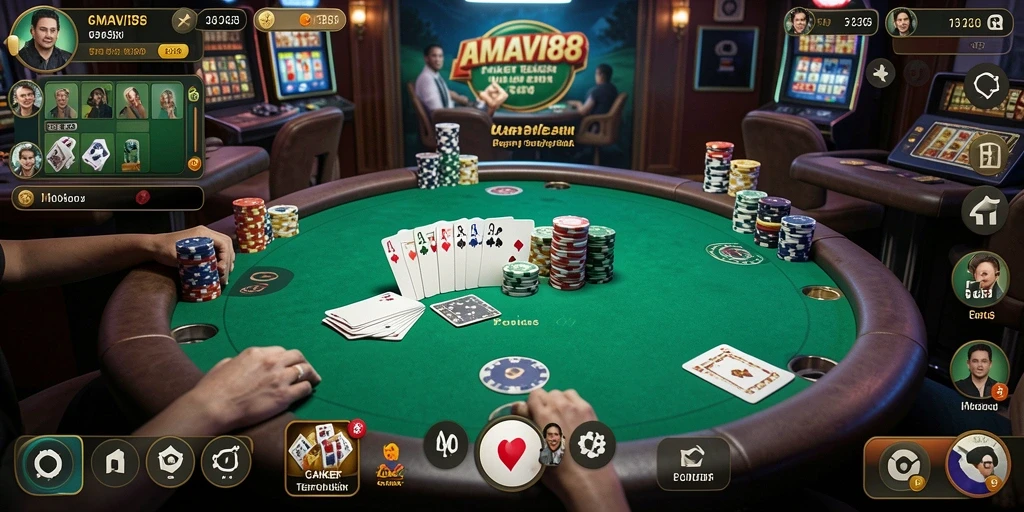 Tampilan gameplay poker yang menarik dan interaktif di AMAVI88.