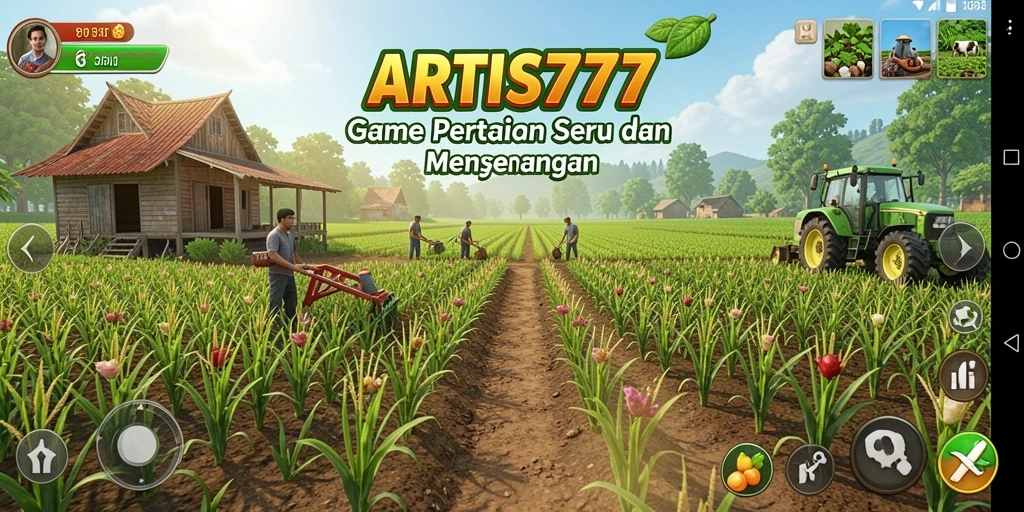 Tampilan gameplay ARTIS777 dengan ladang yang subur dan hewan-hewan lucu.