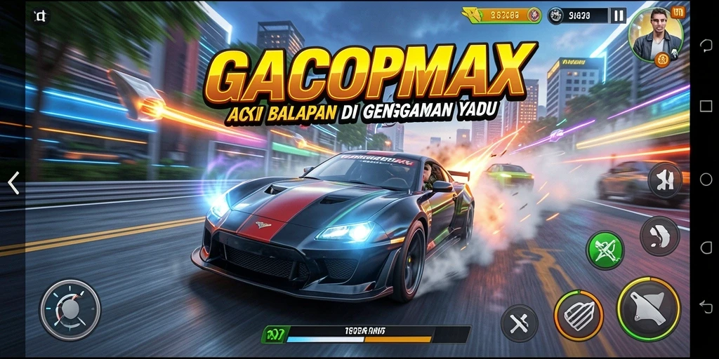 Tampilan gameplay GACORMAX dengan grafis menakjubkan dan aksi balapan seru.