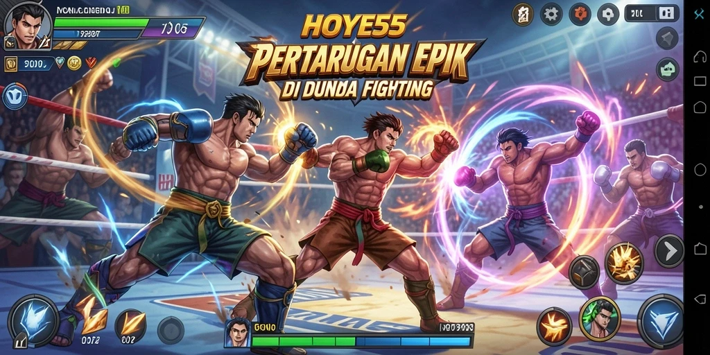 Screenshot gameplay HOYE55 menampilkan pertarungan yang intens dan karakter unik.