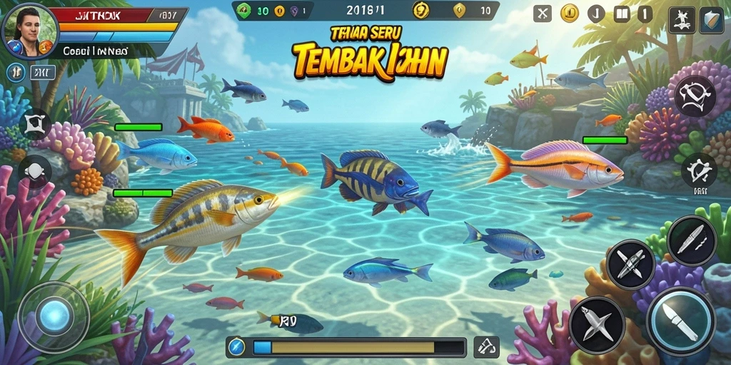 Tampilan gameplay JKTOK dengan berbagai ikan yang menarik.