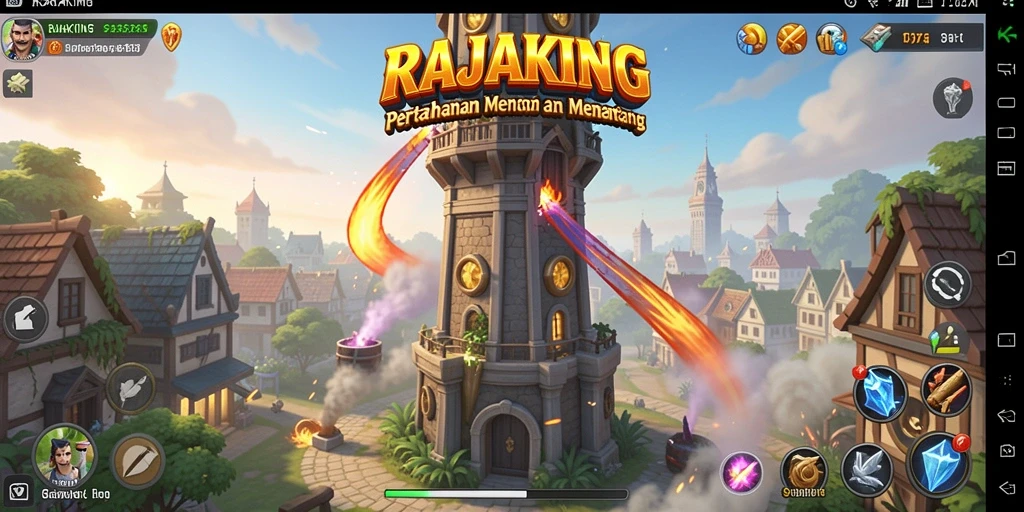 Tampilan gameplay RAJAKING yang mendebarkan dengan pertahanan menara yang strategis.