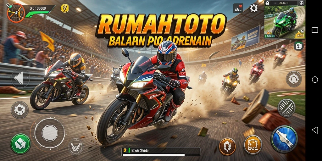 Screenshot gameplay RUMAHTOTO menampilkan balapan motor yang intens.