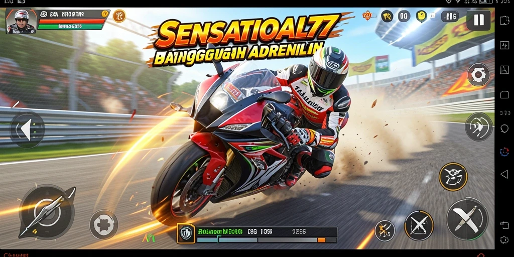 Screenshot gameplay SENSATIONAL77 yang menampilkan aksi balap motor seru.