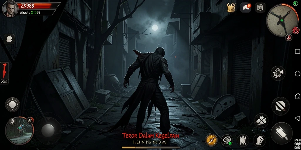 Screenshot gameplay ZK988 menampilkan momen menakutkan dalam suasana gelap.